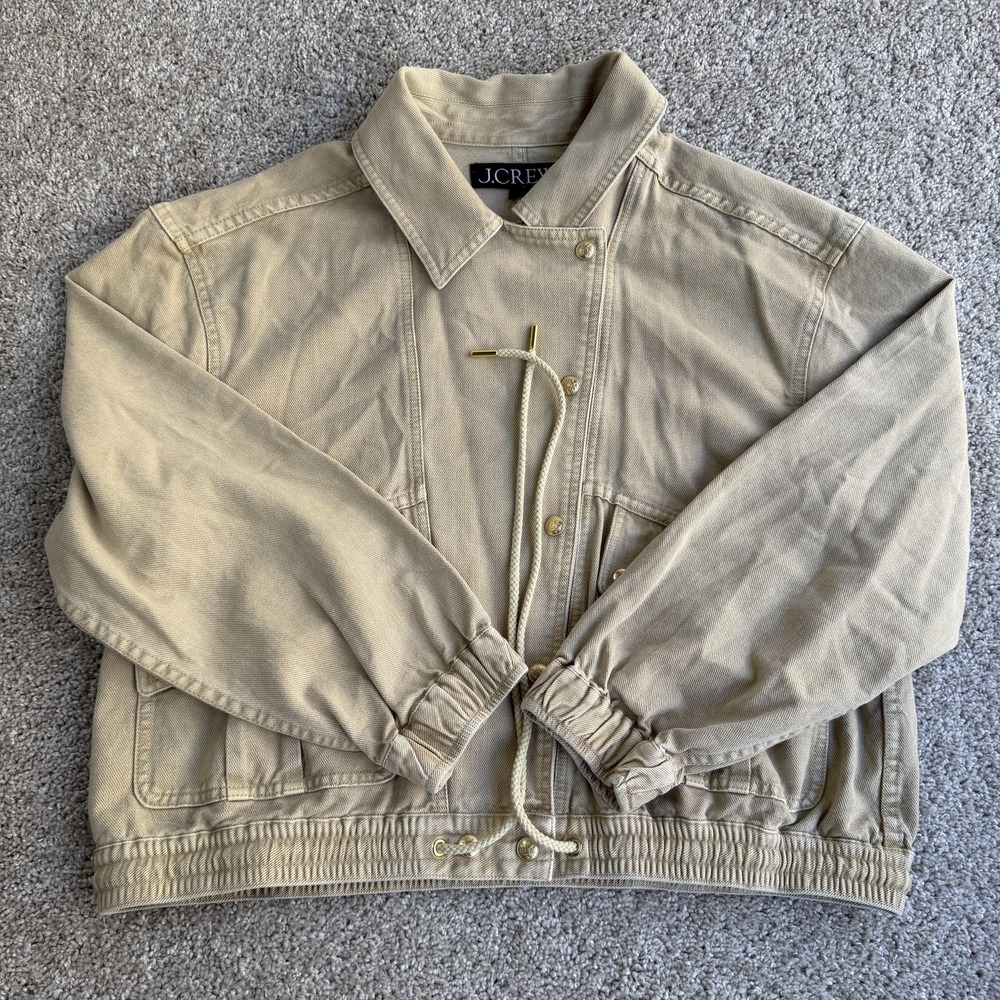J.Crew Jacket Mens Large Beige Canvas Bomber Snap Elastic Hem Pockets Unlined